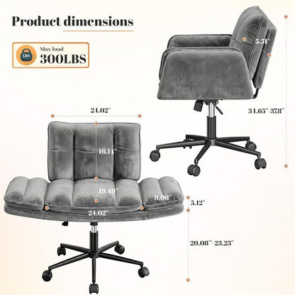 Criss Cross Chair with Wheels, Ergonomic Office Chair with Adjustable Armrests, Vanity Chair with Back for Bedroom, Makeup Room and Office Room, Grey