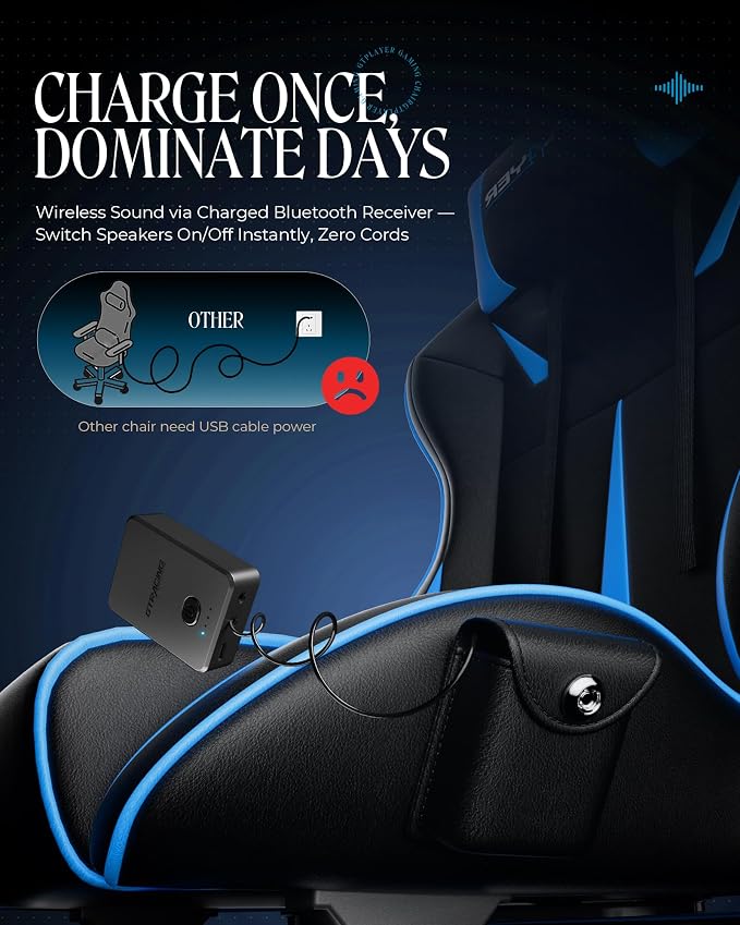 GTPLAYER Gaming Chair with Speakers, Video Game Chairs with Footrest, PC Gamer Chairs for Adults - Padded High Back Ergonomic Reclining Silla Gamer, Linkage Armrest, 909MF, Blue