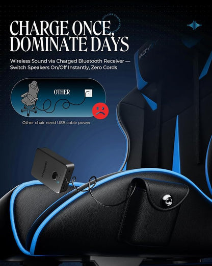 GTPLAYER Gaming Chair with Speakers, Video Game Chairs with Footrest, PC Gamer Chairs for Adults - Padded High Back Ergonomic Reclining Silla Gamer, Linkage Armrest, 909MF, Blue