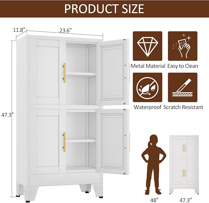 pozdeg Metal Storage Cabinet, 47.2" H Pantry Kitchen Storage Cabinets with 4 Doors and 2 Adjustable Shelves, Versatile Buffet Sideboards Cupboard for Home Office Garage or Gym (White)