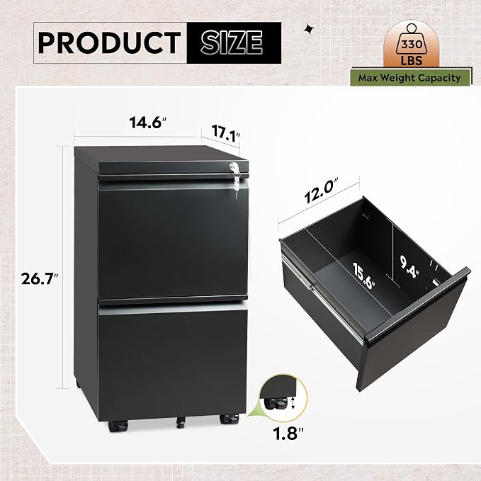 DEVAISE 2 Drawer Metal File Cabinet, Fully Assembled, Under Desk, Black, Lock, Fits Letter/Legal/A4 Size Files