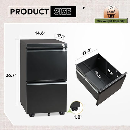 DEVAISE 2 Drawer Metal File Cabinet, Fully Assembled, Under Desk, Black, Lock, Fits Letter/Legal/A4 Size Files