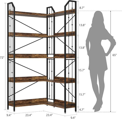 GarveeHome Corner Bookshelf 72" L Shaped Bookcase, Corner Bookshelves Industrial Bookcase 5 Tier L-Shape Bookshelf, Large Bookcases with Beaded Design Tall Display Rack Shelf for Living Room Bedroom