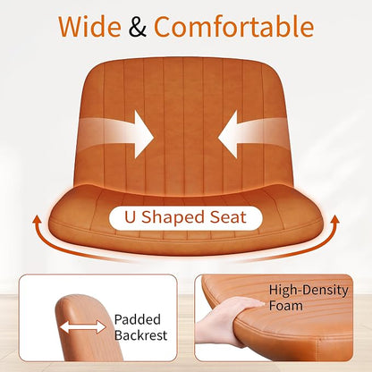 Criss Cross Chair with Wheels, Cross Legged Office Chair, Armless Office Chairs Adjustable Height Swivel Tilting Vanity Chairs for Home Bedroom (PU Leather, Orange)