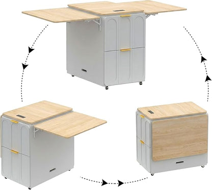 ModernMate 3-in-1 Folding Desk & File Cabinet, Fluted Multi-Storage Workspace with 4 Drawers, Lockable Wheels | Power Outlet | Fits A4/Letter Files, Space-Saving for Small Home Office, Light Walnut