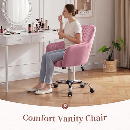 Warmiehomy Vanity Chair, Velvet Office Chair, Desk Chair for Home Office, Comfy Task Chair with Arm Rest for Reading Makeup, Dusty Rose