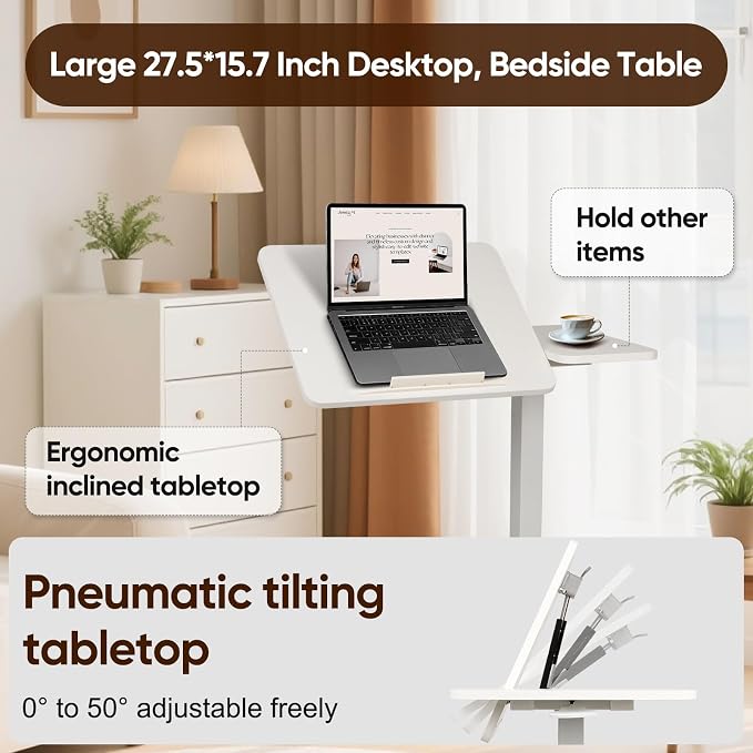 Adjustable Overbed Table with Tilt Board & Wheels, Rolling Bedside Laptop Desk for Hospital Bed Home Office, Height Adjustable Bed Table Tray for Eating Working Reading, 26.18"-42.12" (White)