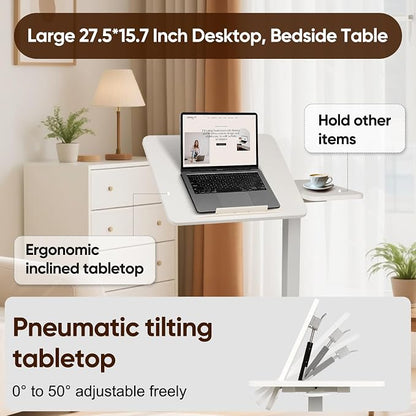 Adjustable Overbed Table with Tilt Board & Wheels, Rolling Bedside Laptop Desk for Hospital Bed Home Office, Height Adjustable Bed Table Tray for Eating Working Reading, 26.18"-42.12" (White)