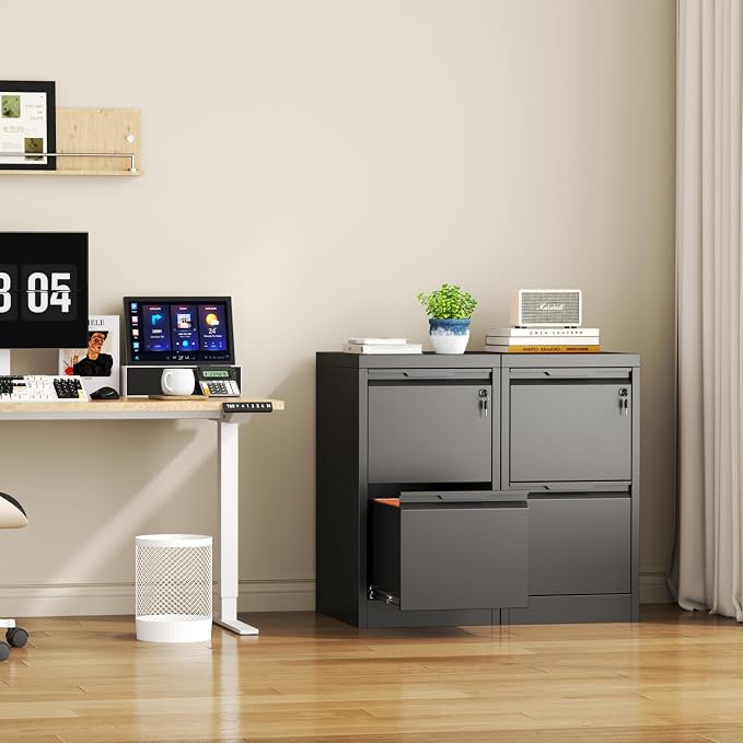 2 Drawer File Cabinet with Lock, Heavy Duty Steel Under Desk Vertical Filing Cabinet for Home Office Use, Printer Stand with Drawers, for A4/Letter-Size Files, Easy to Assemble,Black