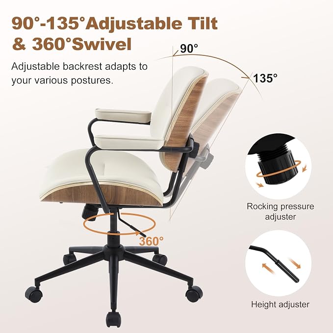 Mid Century Modern Office Chair with Adjustable Backrest, Wooden Desk Chair with Armrests, Swivel Height Adjustable Home Office Chair, Comfortable Task Chair for Home Office, Beige