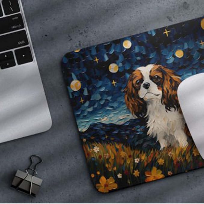 Starry Night Dog Mouse Pad for Computer Laptop Home Office Gaming Working Desk Desktop Accessories Non-Slip Rubber Mouse Pad for Dog Lovers (Cavalier King)