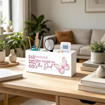 She Believed She Could So She Did Pen Pencil Holder Organizer for Desk, Inspirational Gifts for Women Friends, Graduation Gifts for Women Her, Pink Butterfly Wood Signs Desk Accessories
