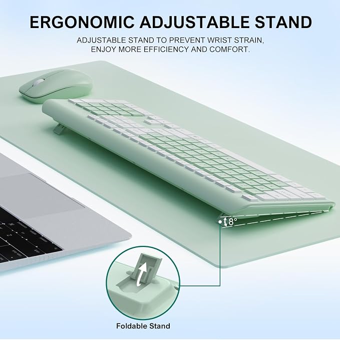 Wireless Keyboard and Mouse Combo, Full-Size Silent Ergonomic Keyboard and Optical Mouse, Long Battery Life, 2.4G Lag-Free Mice Keyboard for Computer,Mac,Laptop,PC,Windows(Avocado Green)