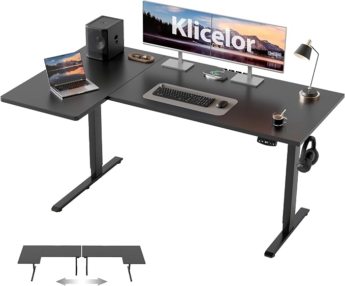 Klicelor L Shaped Standing Desk, 55 Inch Electric Height Adjustable Desk with Memory Preset, Reversible Sit Stand Up Computer Workstation for Home Office, Splice Board, Black