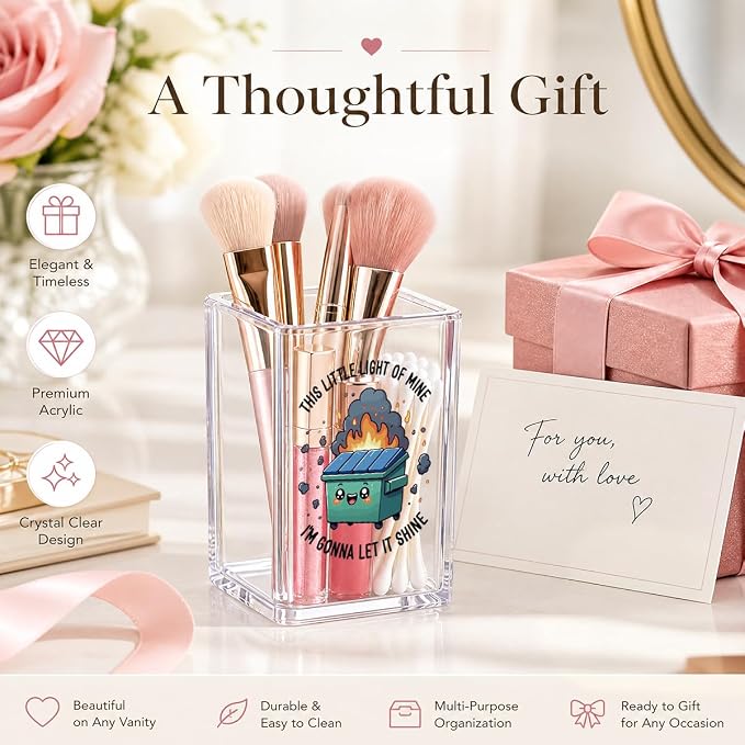 Funny Dumpster Fire Pen Holder for Desk - Response Team & This Little Light of Mine - Clear Acrylic Makeup Brush Holder, Sarcastic Office Decor, Relatable Coworker Gag Gift for Women Men Boss