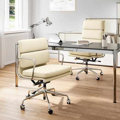 High-Back Executive Genuine Leather Office Chair, with Aluminum Arms and 5-Star Base, Modern Rolling Desk Chair with Silent Wheels, Lumbar Support, High-Adjustable, Tilting for Home & Office