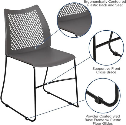 Flash Furniture HERCULES Series 661 lb. Capacity Gray Stack Chair with Air-Vent Back and Black Powder Coated Sled Base