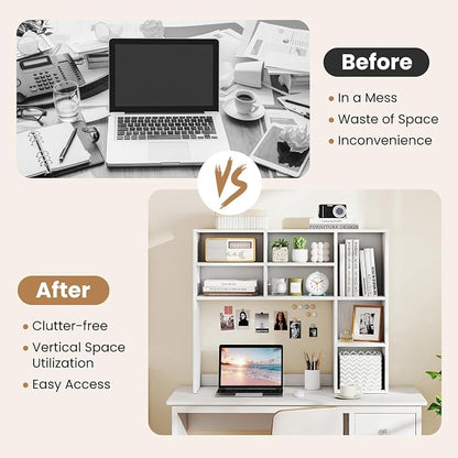 LDAILY Desktop Bookshelf, 37’’ Wood Desk Shelf with 7 Cubes & 3 Adjustable Shelves, 3-Tier Desk Display Rack, Desk Hutch for Dorm College Office Computer Monitor Up to 27’’ (White, 7 Shelves)
