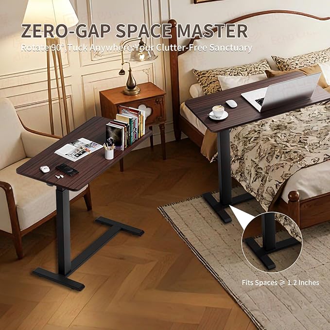 Ywin Medical Overbed Table with Wheels, Pneumatic Lift, Black Walnut | Rolling Bedside Table, Adjustable Height 27–43Inch, Mobile Portable Laptop Desk Perfect for Home Use, Patient Care, Office