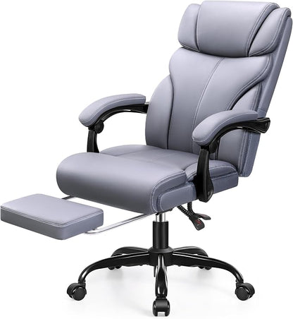HeroSet Big and Tall Office Chair with Foot Rest, 400lbs Ergonomic Reclining High Back Executive Leather Chair, Lumbar Support Swivel Computer Desk Chairs for Heavy People Home Office Gaming(Gray)