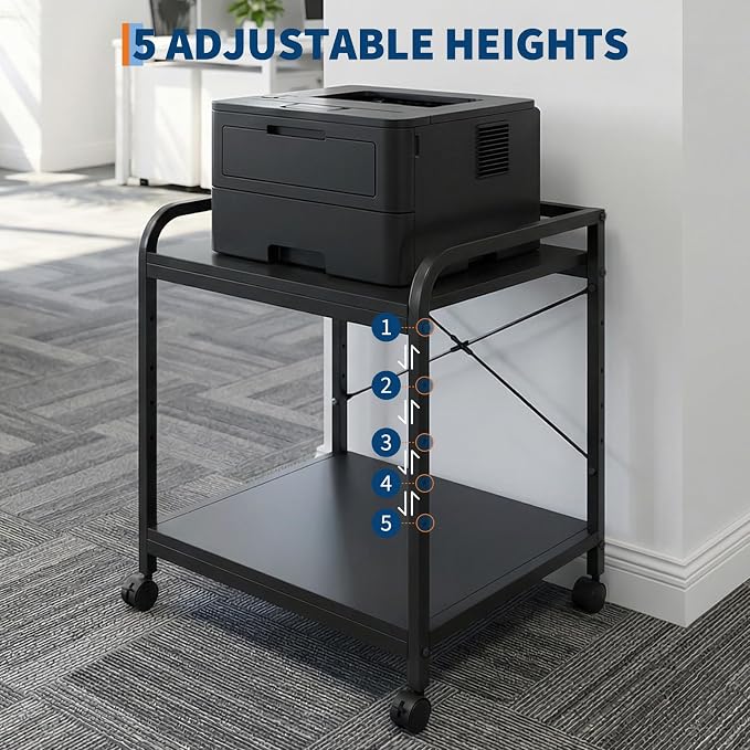GarveeHome Under Desk Printer Stand, 20" Deep Large Printer Table with Height Adjustable Storage Shelf, 2 Tier Rolling Printer Cart with Wheels for Home Office, Black