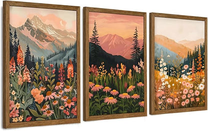 WRFON Botanical and Flower Canvas Wall Art, Framed Mountain Landscape Wall Art Set of 3, Wildflower Meadow Canvas Print, Rustic Nature Decor for Living Room Bedroom Cabin Lodge Farmhouse Decor, 16x24