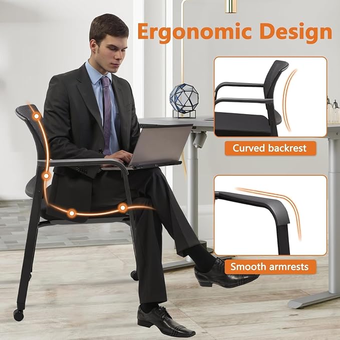 CLATINA Stacking Conference Room Chairs with Wheels, Mesh Back and Ergonomic Lumbar Support for Meeting, Lobby, Reception, Training Room Home Office School Church Black, 8 Pack