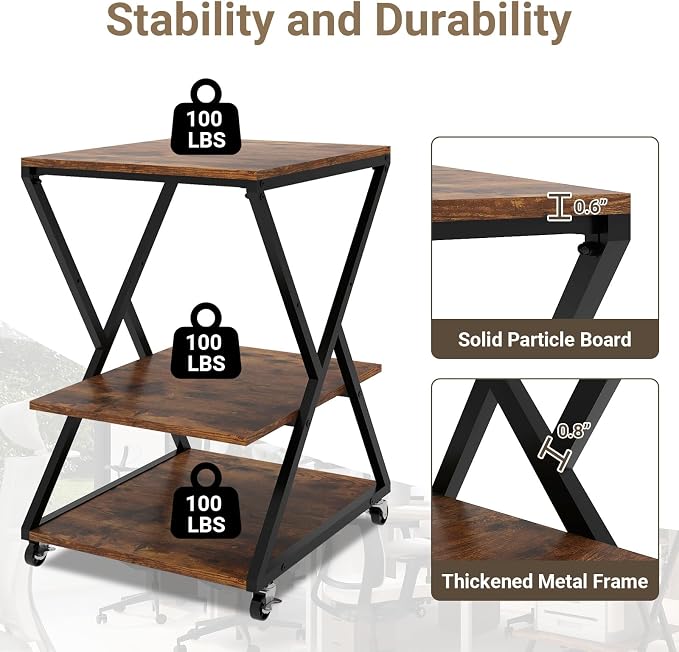 Natwind 3 Tier Printer Stand, 19.7''x19.7'' Large Printer Table with Height Adjustable Shelf, Rolling Printer Cart with Wheels,Multifunctional Organizer Shelf for Home Office Kitchen（Retro）