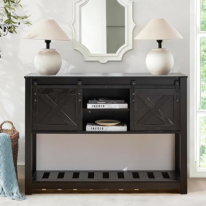 3 Piece Living Room Tables Set of 3, Farmhouse Entryway Table with Storage and End Tables with Charging Station, Sliding Door Console Table Set, Rustic Sofa Set for Hallway, Black