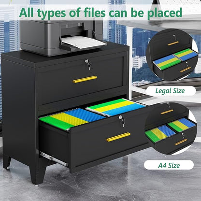 Metal Lateral File Cabinet with Lock,2 Drawer Steel Wide Filing Organization Storage Cabinets,Filing Cabinet for Legal/Letter/A4/F4 Size with Hanging Files&Key,Lockable Cabinet for Home Office