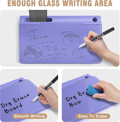 SELEAD Desktop Glass Whiteboard with Storage, Small Dry Erase White Board Computer Pad Keyboard Stand for Home, School, Office Desk Accessories - Purple
