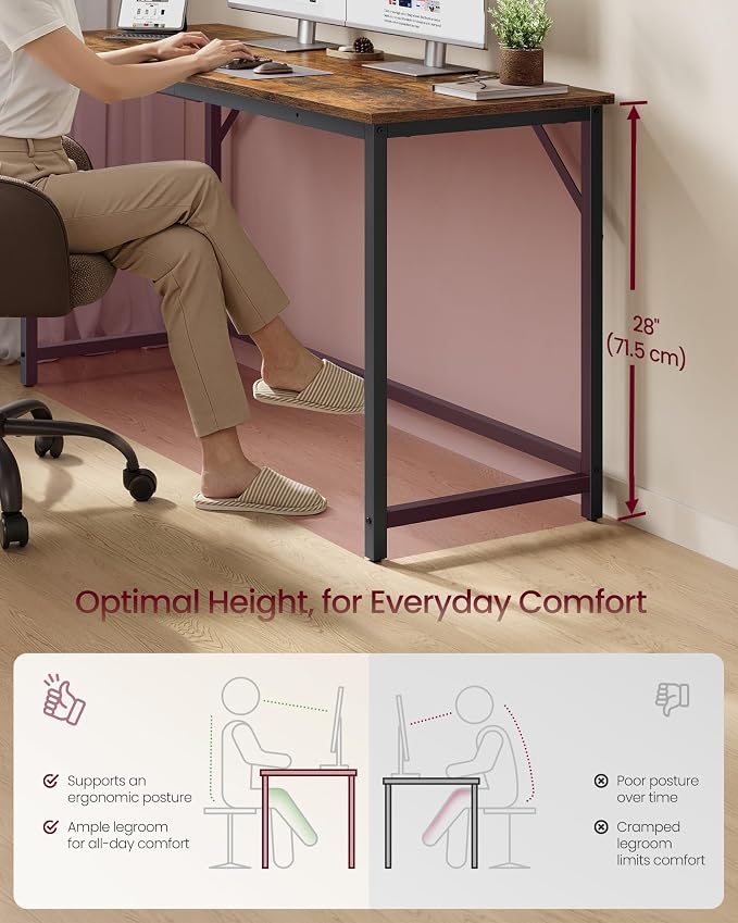 VASAGLE Computer Desk, Office Work Desk, 55.1 x 19.7 x 29.9 Inches, for Study, Bedroom, Home Office, Living Room, Rustic Brown and Ink Black ULWD214K101