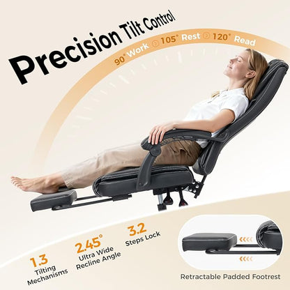 Office Chair with Footrest, Executive Breathable Leather Office Desk Chair with Lumbar Support - Ergonomic Comfy Wide Reclining Swivel Rolling Gaming Computer Chair with Adjustable 90-135° High Back