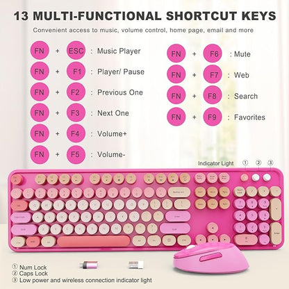 SkyGive Wireless Keyboard and Mouse Combo, Ergonomic Full Size Typewriter Retro Round Keycaps Keyboard, Compatible with Windows, PC, Perfer for Home and Office Keyboards （Red）