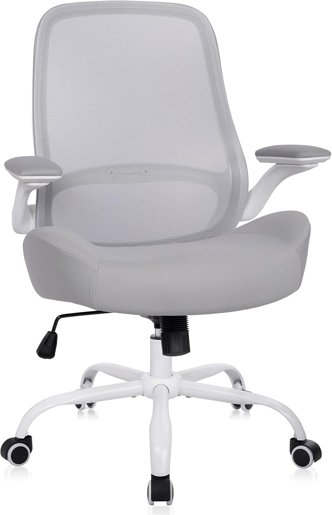 HYLONE Office Chair Ergonomic Desk Chair with Flip up Armrests, 5" Thickened Seat Computer Chair with Mesh Back Home Office Computer Chairs for Long Hours Mesh Executive Chair(White Base & Grey)