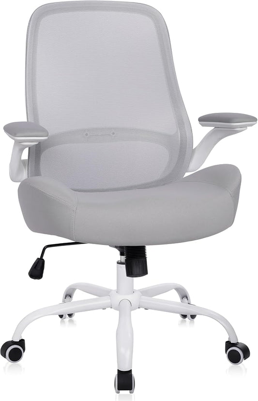 HYLONE Office Chair Ergonomic Desk Chair with Flip up Armrests, 5" Thickened Seat Computer Chair with Mesh Back Home Office Computer Chairs for Long Hours Mesh Executive Chair(White Base & Grey)