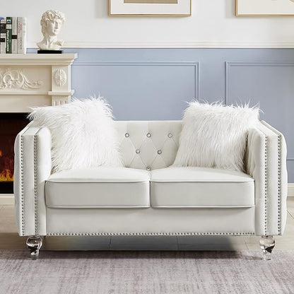 mikibama Velvet Loveseat with Buttons and Square Arms 59 Inch Tufted Sofa with Trimmed Nailhead and Acrylic Legs Loveseat Couch for Living Room,Bedroom (Beige-Crystal Legs, Loveseat)
