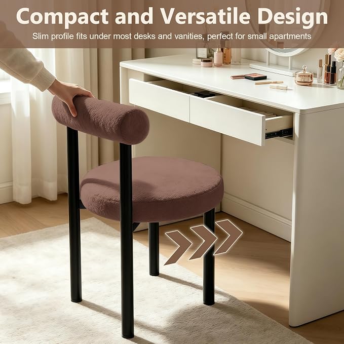 Cute Small Armless Desk Chair, Ergonomic Comfy Vanity Chairs Lumbar Support with Back for Makeup, Teddy Fabric Computer Desk Chair for Home, Bedroom, Vanity, Teens, Adults
