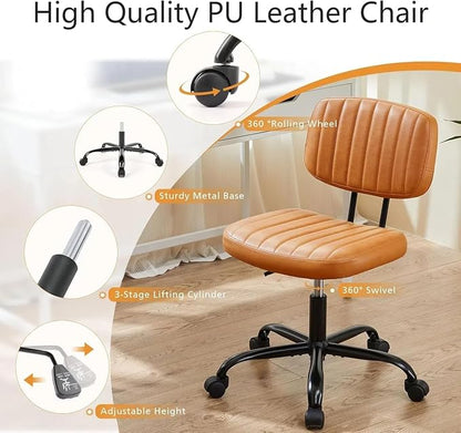 HealSmart Small Office Desk Chair with Wheels, Armless Desk Chair with Lumbar Support, PU Leather Low Back Adjustable Height 360° Rolling Swivel Task Chair Without Arm for Home, Bedroom,Office, Brown
