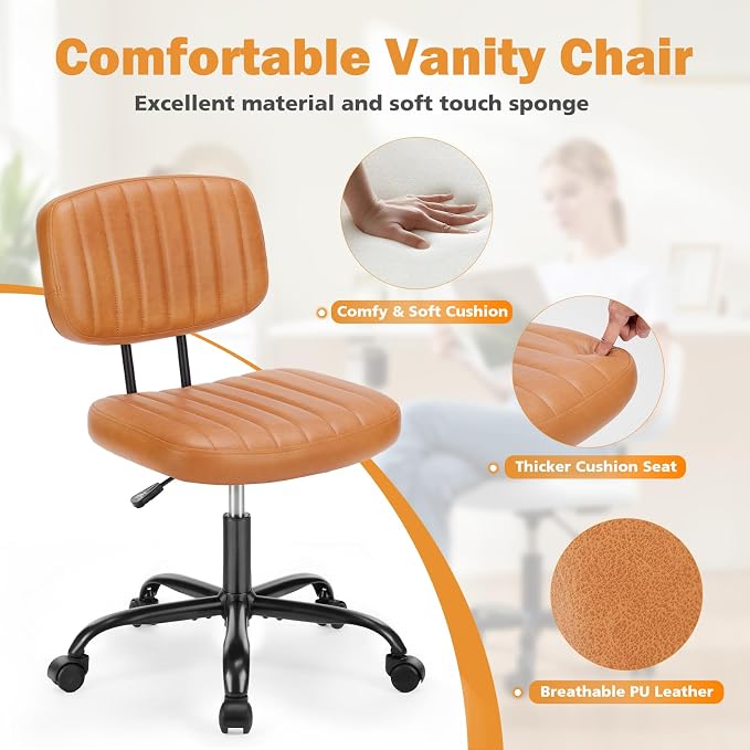 Sweetcrispy Small Office Desk Chair, Armless PU Leather with Comfy Lumbar Support, Height Adjustable Rolling Swivel Task for No Arms, for Adult, Student, Bedroom, Home, Vanity, Brown