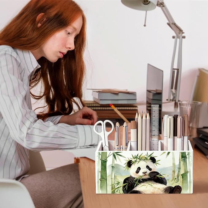 Panda Pen Pencil Holder for Desk, Panda Gifts for Women Girls, Animal Lovers Gifts Wooden Box Sign Decorations for Kids Room Bedroom Home Office Desk Tabletop