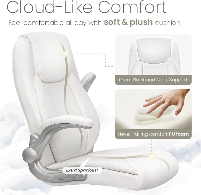 NEO Chair High Back Office Desk Chair for Computer Garming Ergonomic Executive Chair with Comfy Lumbar Support Flip-up Arms Height Adjustable Swivel (Leather White)