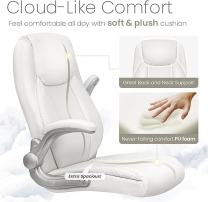 NEO Chair High Back Office Desk Chair for Computer Garming Ergonomic Executive Chair with Comfy Lumbar Support Flip-up Arms Height Adjustable Swivel (Leather White)