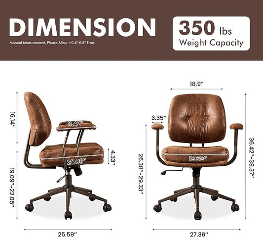 Brown Leather Home Office Chair, Mid Back Ergonomic Desk Chair with Lumbar Support, Mid Century Modern Deep Seat Swivel Rocking Computer Chair, Dark Brown Suede