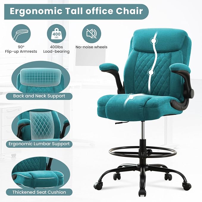MAHOMICO Drafting Chair for Standing Desk – Tall Office Chair with Adjustable Height & Foot Ring, Flip-Up Arms, Lumbar Support – Comfortable Fabric Seat, Ideal Home Desk Chair
