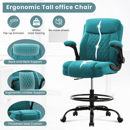 MAHOMICO Drafting Chair for Standing Desk – Tall Office Chair with Adjustable Height & Foot Ring, Flip-Up Arms, Lumbar Support – Comfortable Fabric Seat, Ideal Home Desk Chair