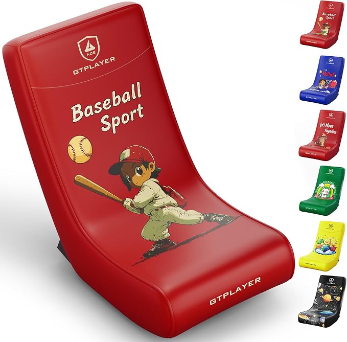 GTPLAYER Gaming Floor Rocking Chair – Rocker Floor Game Chair with Angle Limiter, Stylish Patterned Design, Comfortable Video Game Seat, Red Baseball Pattern