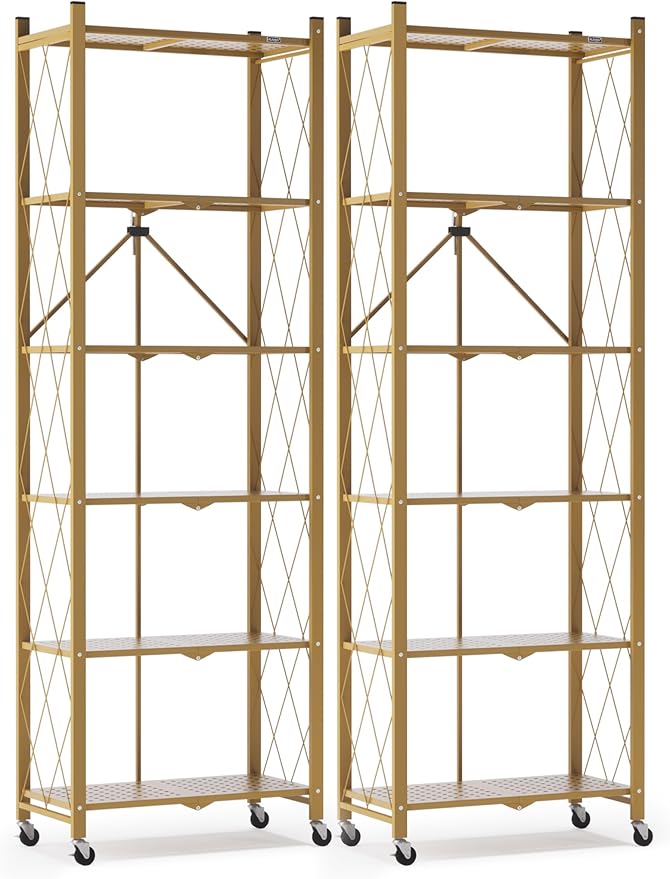 ALANNG 73.6 Inch Folding Bookshelf, 6 Tier Metal Bookcase and Bookshelves, Tall Shelves for Living Room Office Bedroom, Heavy Duty Book Shelve Free Standing Open (Gold, 2PACK)