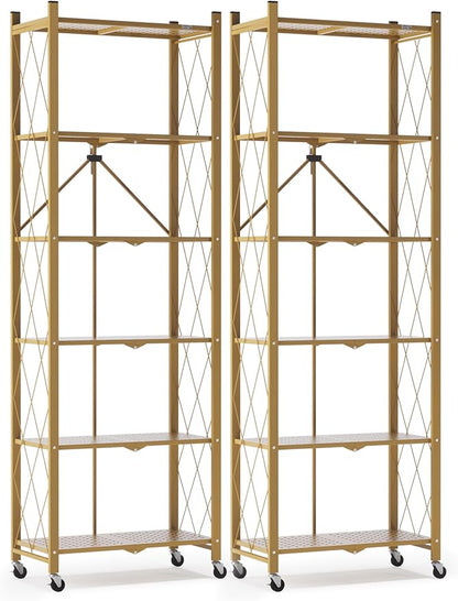 ALANNG 73.6 Inch Folding Bookshelf, 6 Tier Metal Bookcase and Bookshelves, Tall Shelves for Living Room Office Bedroom, Heavy Duty Book Shelve Free Standing Open (Gold, 2PACK)