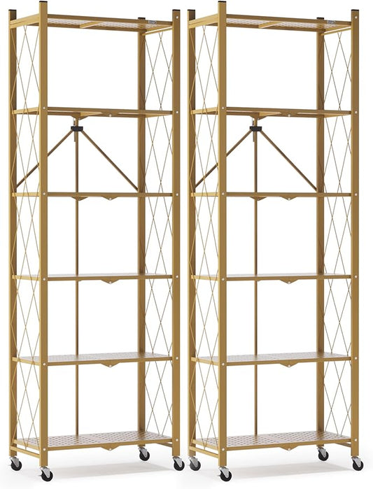 ALANNG 73.6 Inch Folding Bookshelf, 6 Tier Metal Bookcase and Bookshelves, Tall Shelves for Living Room Office Bedroom, Heavy Duty Book Shelve Free Standing Open (Gold, 2PACK)